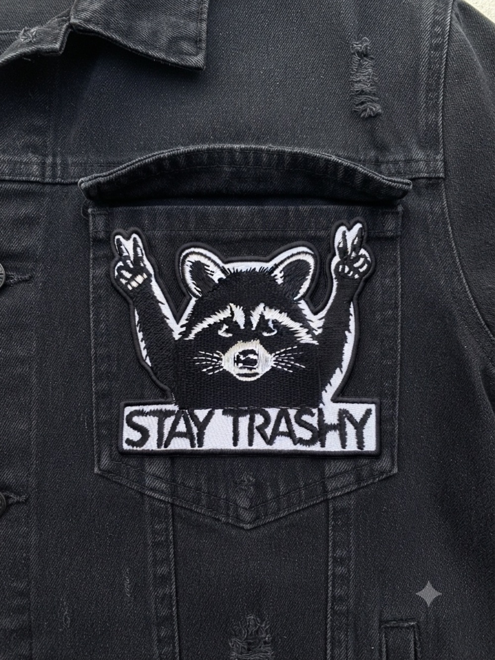 Stay Trashy Raccoon Iron-On Patch Funny Punk Goth Embroidered Jacket Patch